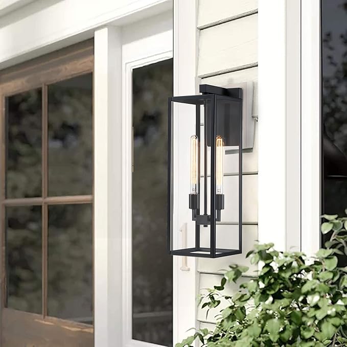 25in Extra Large Outdoor Wall Light 2-Light Black Wall Lantern for Porch,25” Exterior Sconce Metal and Glass Large Size Porch Light Black Outdoor Lanterns for Garage Balcony Patio Outside Lighting