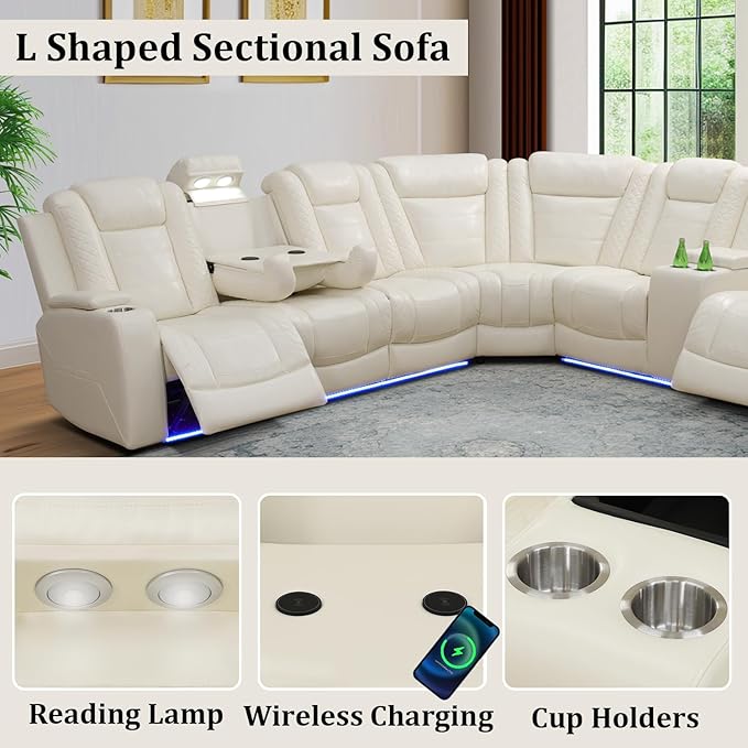 Power Reclining Sectional Sofa Set with LED Lights, Vegan Leather Recliner Sectional Couch for Living Room Furniture,Wireless Charging/USB Charging/Reading Lamp/Armrest Storage,White Pro
