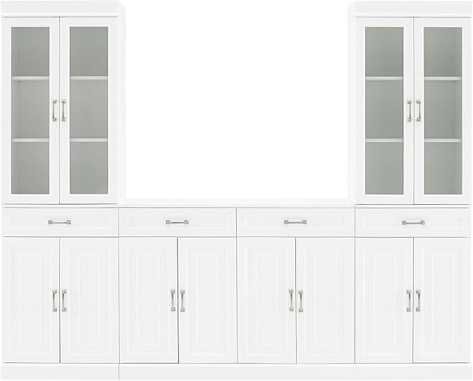 Crosley Furniture Stanton 3-Piece Sideboard Buffet Cabinet and Glass Door Kitchen Storage Pantry Set, White