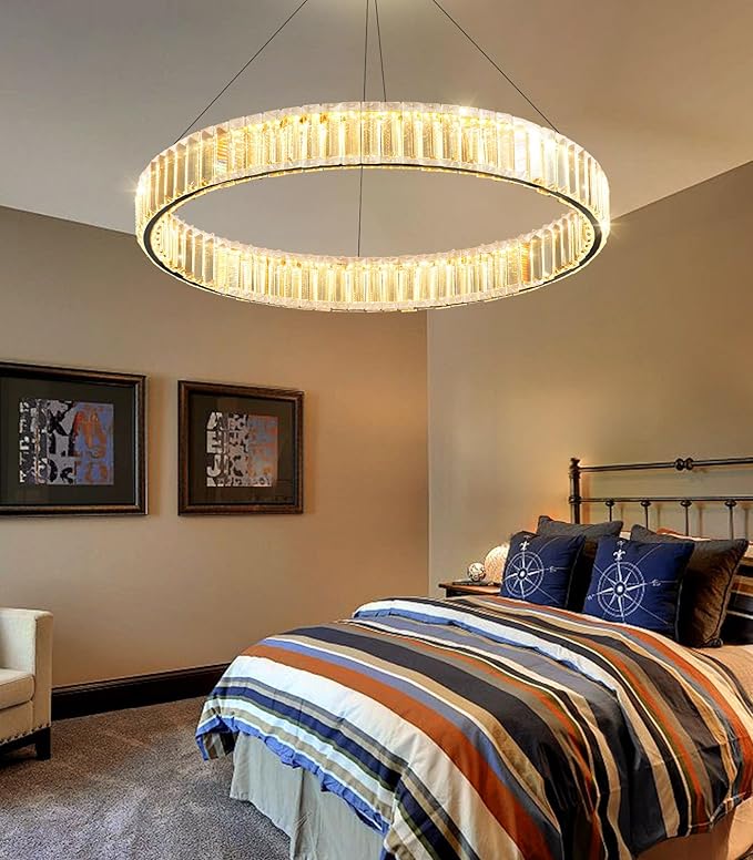 24'' Modern Ring Chandelier Crystal Chandeliers for Dining Room Round LED Dimmable Ceiling Light Fixture for Living Room Bedroom Lighting Black