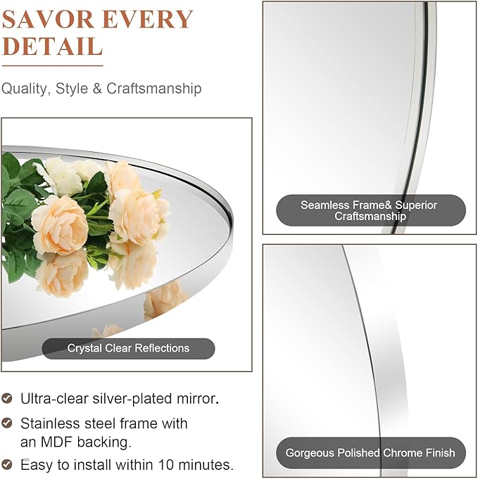 ANDY STAR Arched Mirror, 22 x 30 Inch Polished Chrome Wall Mirror in Stainless Steel Metal Frame, Arch Top Rounded Corner 1 Inch Deep Set Design Wall Mount Hangs Vertical