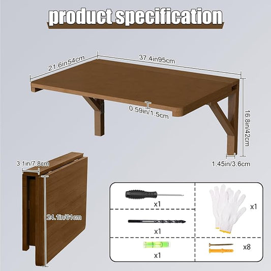 MM MELISEN Wall Mount Folding Table - 37x22 Inch, Walnut Versatile Table for Kitchen prep or Craft Studio. Solid Wood Surface Folds Flat. Perfect for Meal prep and Creative Projects