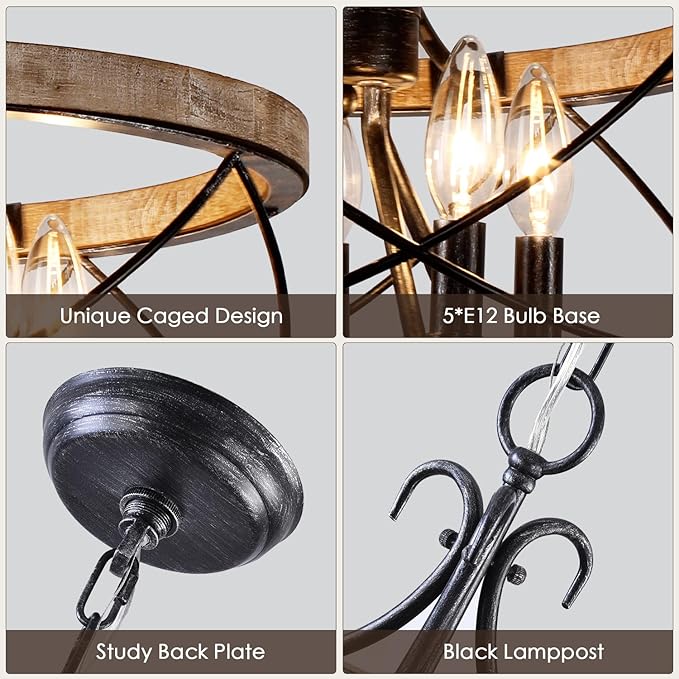 15.7'' Farmhouse Chandelier, 5-Light Dining Room Light Fixture, French Country Rustic Chandelier for Entryway, Foyer, Bedroom, Living Room