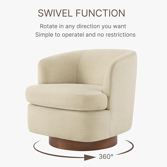 Swivel Accent Chair, Barrel Armchair with Upholstered Performance Fabric and Wood Base for Bedroom Waiting Living Room, 1 PC, Oatmeal