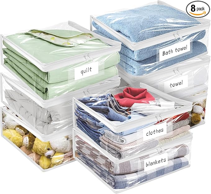 Kikerike Plastic Storage Bags with Easy-Glide Zipper, Pack of 8, Durable Clear Vinyl Zippered Storage Bags for Clothes Sweaters Comforters Blankets Sheets Bedding (18 x 15 x 9 Inch)