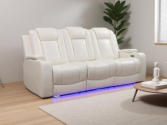 Living Room Furniture Set, Creamy White Breathing Leather Power Reclining Sofa Couch with LED Light, Power Recliner Sofa with Drop-down Table/Charging Ports/Storage/Cup Holders for Home Theater/Office