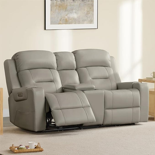 Watson & Whitely Genuine Leather Power Loveseat Recliner Sofa, Lay Flat Reclining Sofa with Console, Power Headrest, Cup Holders & Wireless Charging, Dual Recliner for Living Room, Grey