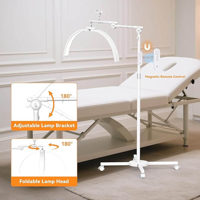 CHICLUX Lash Light for Eyelash Tech, Foldable LED Half Moon Lamp with Wheeled Base, Esthetician Light for Beauty, Nail Art, Floor Lamp with Adjustable Brightness & Height, Phone Holder, White