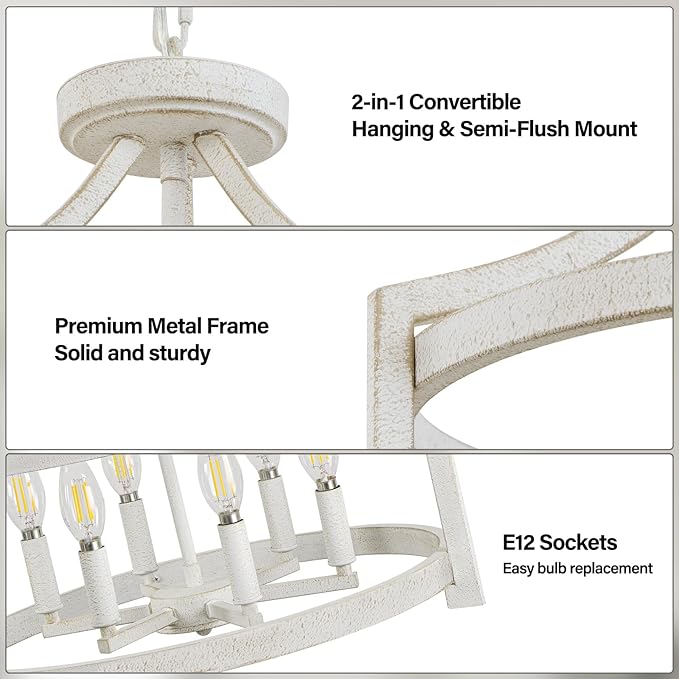 Farmhouse Chandelier for Dining Room, 6-Light Distressed White Hanging Light Convertible Semi Flush Mount Ceiling Light Fixture, Metal Vintage Pendant Lighting for Kitchen Foyer Entryway