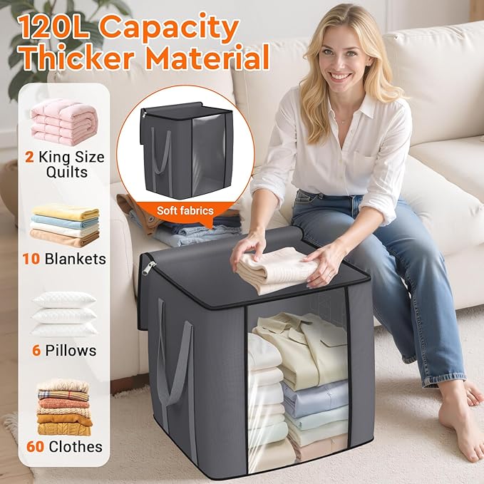 120L Extra Large Clothes Storage Bags, Foldable Blanket Storage and Organization, Thick Fabric Containers with Reinforced Handles & Zippers for Clothing, Comforters, Bedding, Gray, 2 Pack