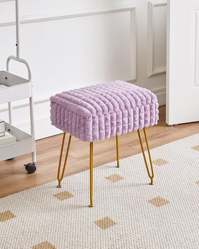 IBUYKE Rectangle Vanity Chair with Storage Space, Footrest Footstool Ottoman, Vanity Stool, Dressing Table Chair, with Anti-Slip Feet, for Makeup Room, Bedroom, Square Grid Pattern, Purple WBD004V