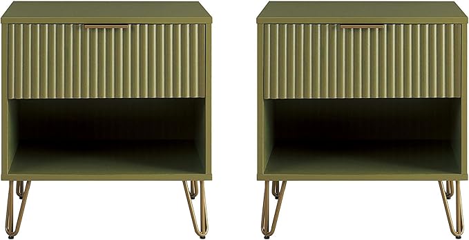 Manhattan Comfort Dumbo Modern Nightstand 1.0 with 1 Drawer and Metal Feet | Splayed Gold Legs | Vertical Ribbed Design | No Tool Assembly Storage for Bedroom & Living Room, Set of 2, Olive Green