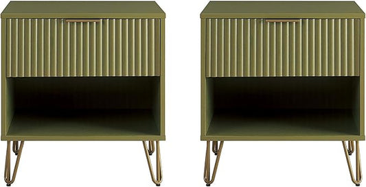 Manhattan Comfort Dumbo Modern Nightstand 1.0 with 1 Drawer and Metal Feet | Splayed Gold Legs | Vertical Ribbed Design | No Tool Assembly Storage for Bedroom & Living Room, Set of 2, Olive Green