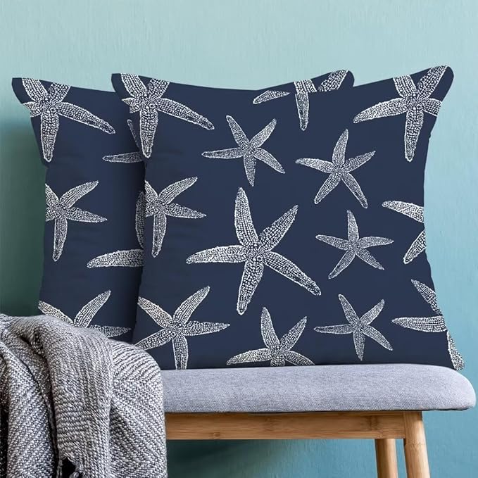 BETGINY Coastal Throw Pillow Cover 18X18 Inch Pack of 2,Summer Nautical Navy Blue Starfish Decorative Pillow Covers Square Linen Beach Ocean Pillow Cases Cushion for Bedroom Home Sofa Decor