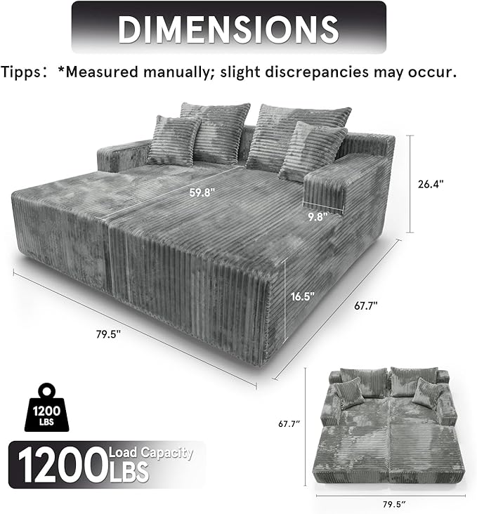 SYTOPIA Loveseat Chaise Lounge with Armrests, Oversized Sofa Bed with 4 Pillows, Cozy Boneless Sleeper, Modular Sectional Couch for Living Room Bedroom, Floor Chair Furniture sala Corduroy, Urban Grey