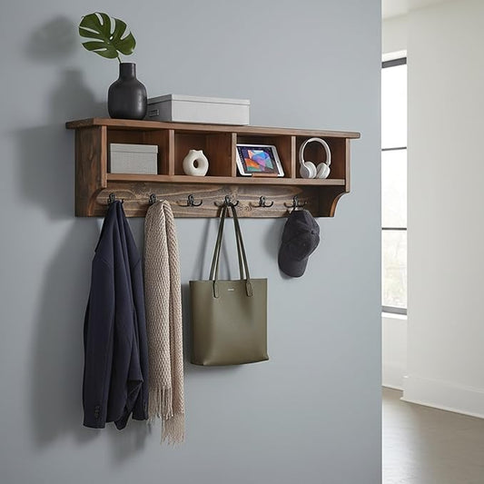 Alaterre Furniture Pomona Entryway Organizer – Rustic Farmhouse 48-Inch Wall-Mounted Coat Rack with 6 Double Hooks & 4 Open Cubbies – Solid Wood Mudroom Storage for Entryway or Hallway (Rustic Brown)