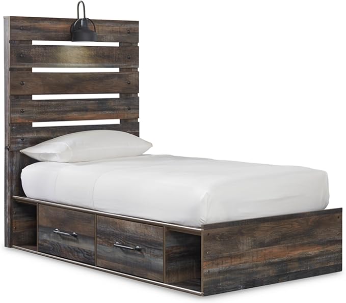 Signature Design by Ashley Drystan Rustic Twin Panel Platform Bed with 4 Storage Drawers, Open Cubbies, Sconce LED Light and USB Ports, Foundation or Box Spring Not Needed, Dark Brown & Gray