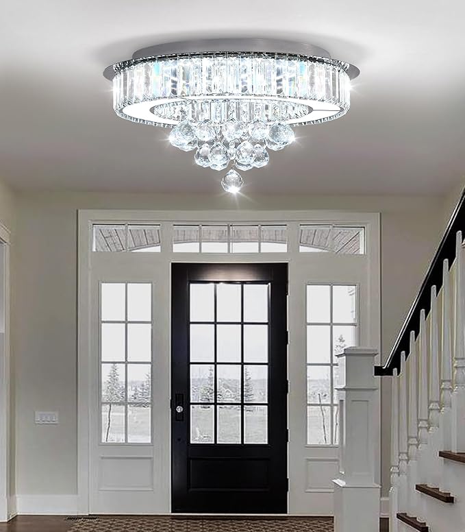 19.6'' Silver Modern Crystal Chandeliers for Dining Room LED Dimmable Light Fixtures Flush Mount Light Living Room Bedrooms