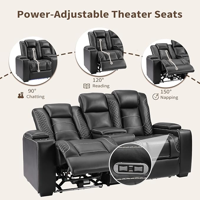 ANJ 3PCS Power Recliner Sofa Set with 1 Recliner, Electric Reclining PU Leather Living Room Furniture with USB Ports, Cup Holders and Hidden Arm Storage, LED