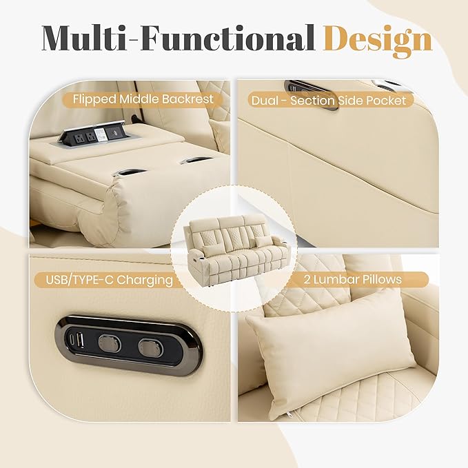 2-Piece Power Reclining Sofa Set, 3-Seater Sofa with Drop-Down Console & 2-Seater Loveseat, Zero Wall Hugger Electric Recliner Couch with Adjustable Headrest, AC Outlets (Light Beige, 3 Seat)
