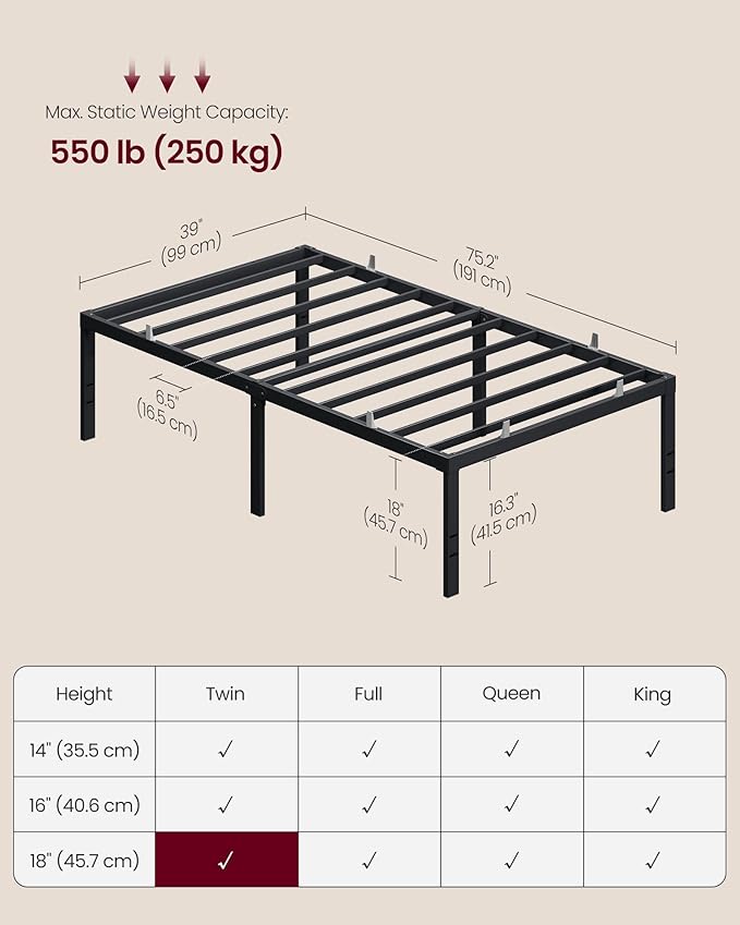 VASAGLE Twin Metal Bed Frame 18 Inches Tall, 550 lb Weight Capacity, No Box Spring Needed, with Under-Bed Storage, Easy Setup, Heavy-Duty Platform Bed, Mattress Retainers, Matte Black URMB673BD02S