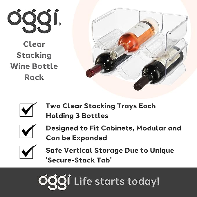 Oggi Bottle Rack for Wine, 6 Bottle Wine Storage - Stackable Wine Rack, Secure Stack Tabs. Water Bottle Storage, Wine Bottle Holder for Kitchen, Cabinet, Fridge - Each Rack Holds 3 Bottles, 2 Pack