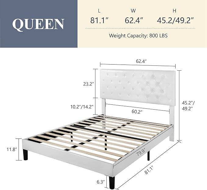 Allewie Queen Size Platform Bed Frame, Adjustable Faux Leather Headboard with Diamond Stitch and Button Tufted, Sturdy Wood Slats, Easy-Assembly, No Box Spring Needed, Off-White