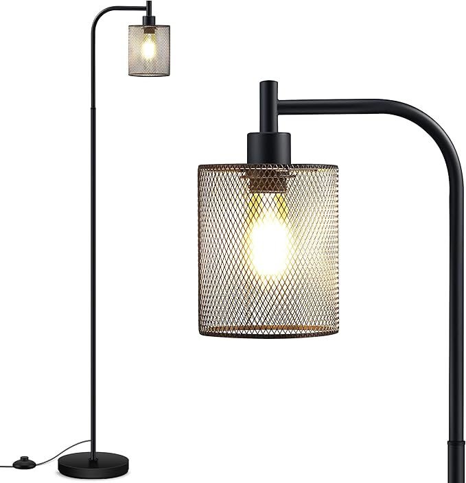BoostArea Industrial Floor Lamp, Standing Lamp with Hanging Iron Mesh Lamp Shade, 6W LED Bulb, Whole Metal Farmhouse Floor Lamp with Foot Switch, Rustic Floor Lamps for Living Room Bedroom, Black