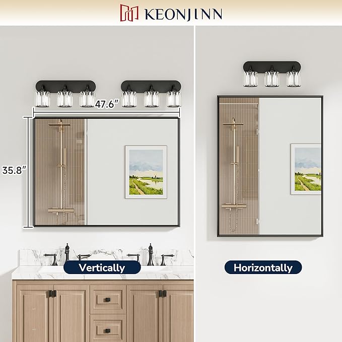 Keonjinn 48 x 36 Inch Brushed Nickel Bathroom Mirrors for Over Sink, Beveled Rectangle Framed Mirrors for Wall, Farmhouse Bathroom Vanity Mirror, Tempered Glass, Square Corner