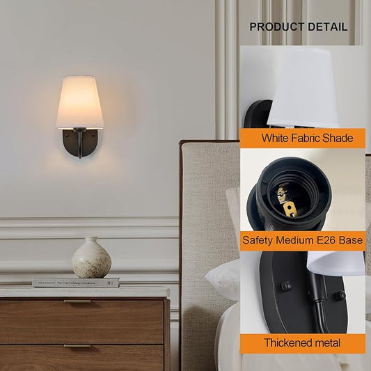 Hardwired Set of 2 Black Metal Wall Sconces with White Fabric Shades – Small Modern Wall Lights for Bedroom, Hallway, Bathroom,Staircase