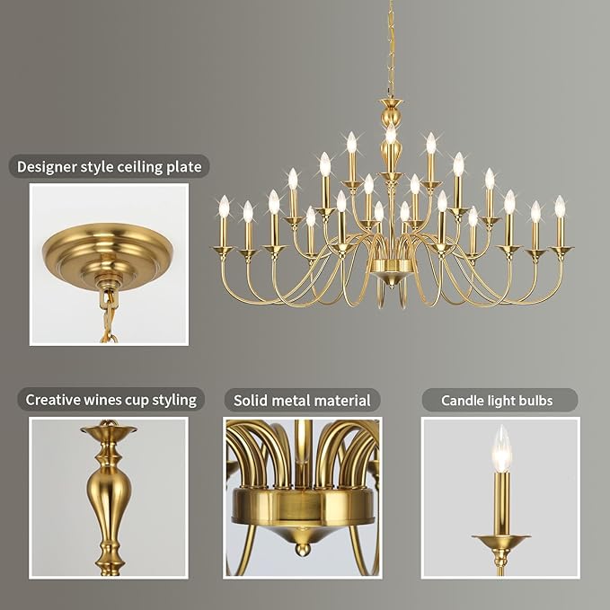 Large Gold Chandeliers for Dining Room Light Fixture, 21 Light 3 Tier Farmhouse Chandelier Over Table, Industrial Candle Hanging Lighting Fixture for Living Room Foyer Staircase Restaurant Villa