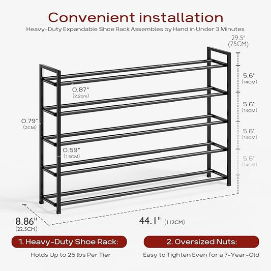 Bumusty 5-Tier Long Expandable Shoe Rack for Closet, 18"-44" Adjustable Shoe Rack for Entryway, 25-30 Pairs Large Shoe Organizer Shelf Storage, Sturdy Metal, Black