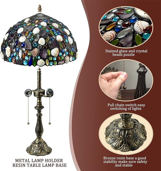Tiffany Table Lamp,Stained Glass Lamp with Natural Shell,12" Vintage 2-Light Handmade Tiffany Style Lamp,Tiffany Bedside Light for Bedroom Living Room Office(2 LED Bulbs Included)