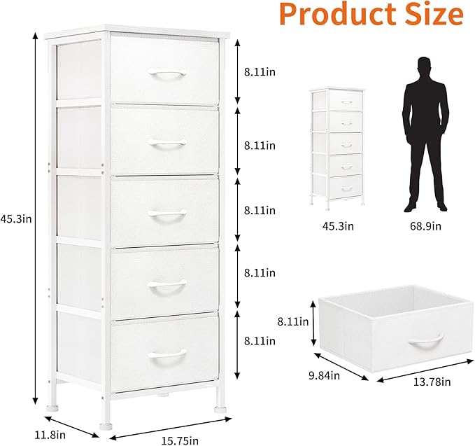 Fixwal White Tall Dresser for Bedroom, Closet Organizers and Storage Tall Fabric Dresser for Closet, Drawer Organizer with 5 Drawers, Bedroom Furniture