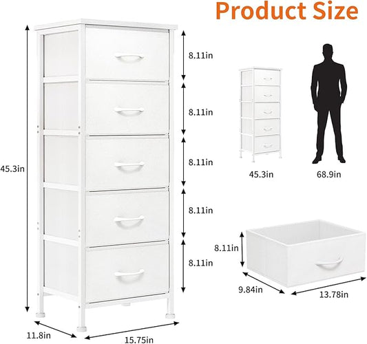 Fixwal White Tall Dresser for Bedroom, Closet Organizers and Storage Tall Fabric Dresser for Closet, Drawer Organizer with 5 Drawers, Bedroom Furniture