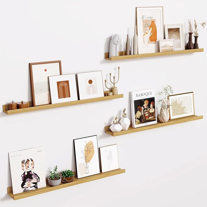 Fun Memories Picture Ledge Shelf - 32 Inches Floating Shelves Set of 4 - Floating Shelves with Lip for Storage - Wood Bookshelf Wall Mounted for Bedroom - Living Room - Kitchen - Oak Color