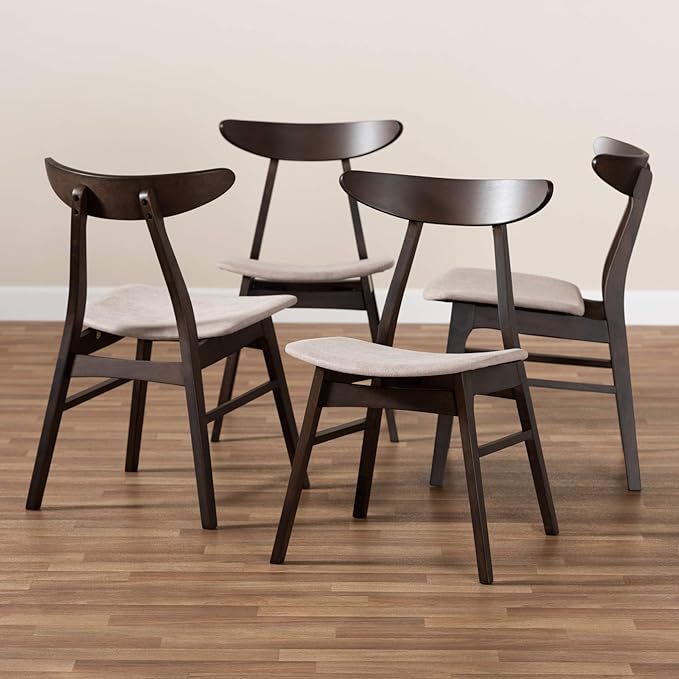 Baxton Studio Cavan Dining Chair Set Beige Fabric Upholstered Dark Oak Brown Finished 4-Piece Wood Dining Chair Set