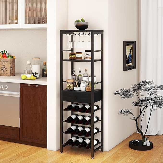 IBUYKE Wine Rack Freestanding Floor, Bar Cabinet for Liquor and Glasses,Coffee Bar Cabinet 4-Tier Wood bar Cabinet,Glass Holder and Storage Drawer for Home Bar Kitchen Living Room,Black UTMJ905B