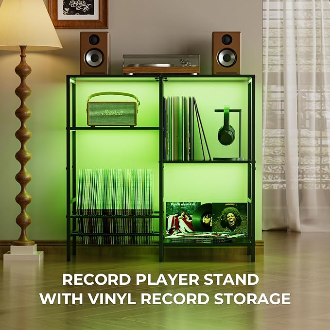 Record Player Stand with LED Light, Turntable Stand with Vinyl Storage - Up to 300+ Albums, 3-Tier Record Player Table Cabinet, Adjustable Shelf & V-Shaped Holder, Vinyl Display Shelf for Living Room
