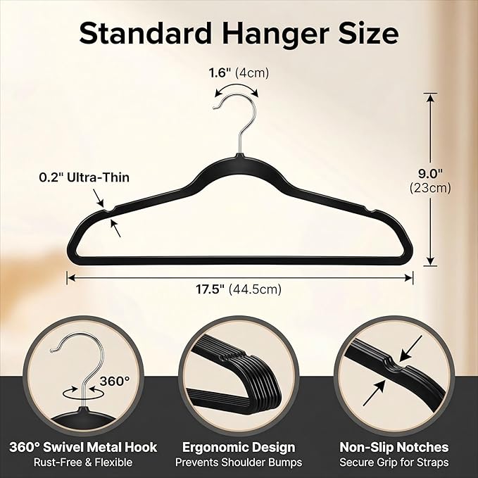 HOUSE DAY Black Plastic Hangers 20 Pack - Heavy Duty Non-Velvet Hangers with 360° Swivel Chrome Hook & Non Slip Notches - Slim Space Saving Clothes Hangers Ideal for Dresses Coats Shirts Jackets