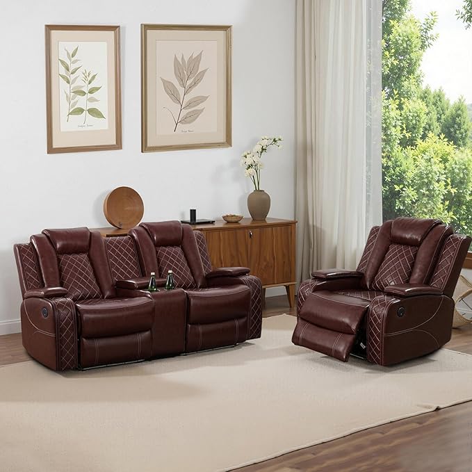 Power Recliner Loveseat and Chair, Air Leather Reclining Couch with LED/Cup Holders/Storage, 2 Pieces Reclining Living Room Furniture, Burgundy Leather Loveseat and Chair for House/Apartment/Office