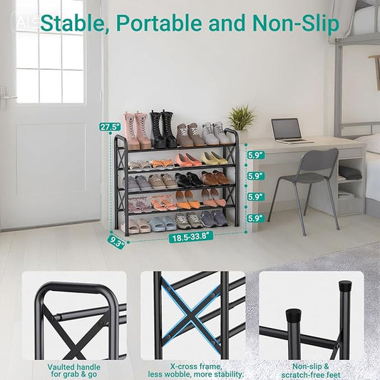 4-Tier Expandable Shoe Rack for Closet Floor, X-Frame Metal Small Shoe Rack for Entryway, Adjustable Shoe Shelf Organizer, Free Standing Shoe Racks for Front Door Entrance, Garage - Black