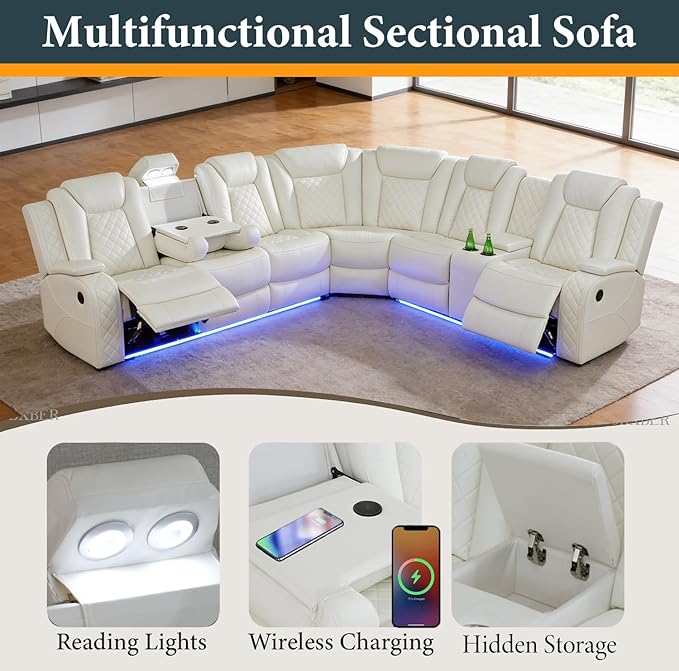 Power Recliner Sectional Sofa Set, Creamy Leather Sectional Couch Set with 5 Recliners for Living Room, L Shape Reclining Sofa with Cup Holder, Hidden Storage, Coffee Table for House(9 Seat)