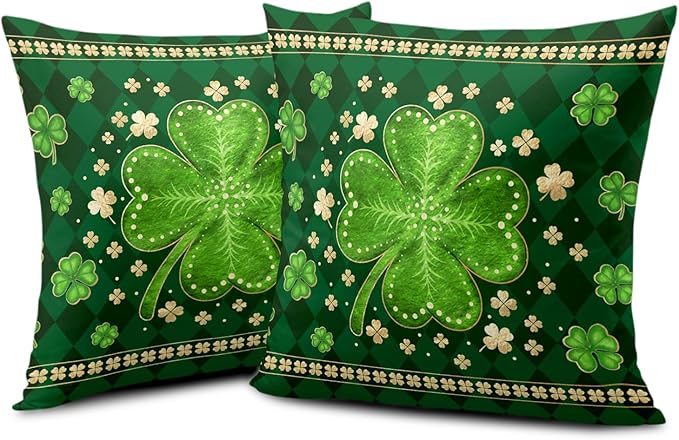 St Patricks Day Shamrock Throw Pillow Covers 20x20 Set of 2 Green Buffalo Plaid Check Lucky Clovers Outdoor Decorative Pillow Covers Spring Rustic Pillow Cases for Farmhouse Living Room Decor