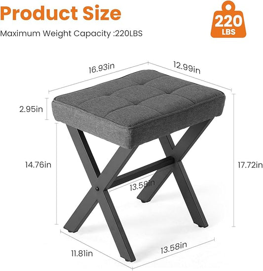 Sweetcrispy Vanity Stool Ottoman, Square Linen Makeup Stool Metal X Legs, Small Footstool Chair for Vanity, Modern Padded Seat Foot Rest for Makeup Room, Bathroom,Living Room, Entryway, Gray