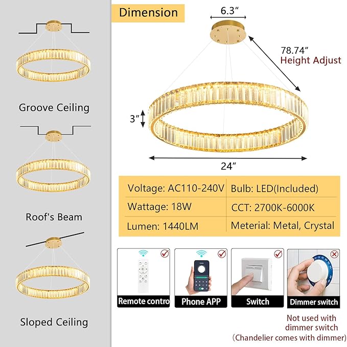 24'' Modern Ring Chandelier Crystal Chandeliers for Dining Room Round LED Dimmable Ceiling Light Fixture for Living Room Bedroom Lighting Gold
