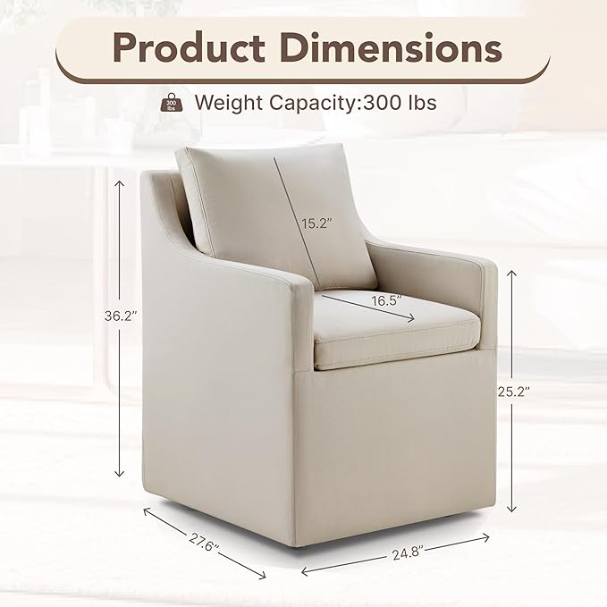 Upholstered Dining Chairs Set of 1, Modern Dining Room Chairs with Casters & Washable Cover, Rolling Accent Chair with Hidden Storage for Kitchen, Farmhouse, Living Room, Flax Beige, 1 Box