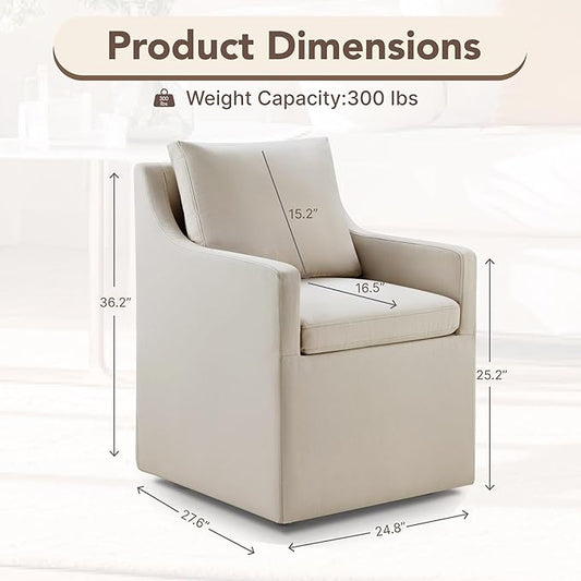 Upholstered Dining Chairs Set of 1, Modern Dining Room Chairs with Casters & Washable Cover, Rolling Accent Chair with Hidden Storage for Kitchen, Farmhouse, Living Room, Flax Beige, 1 Box