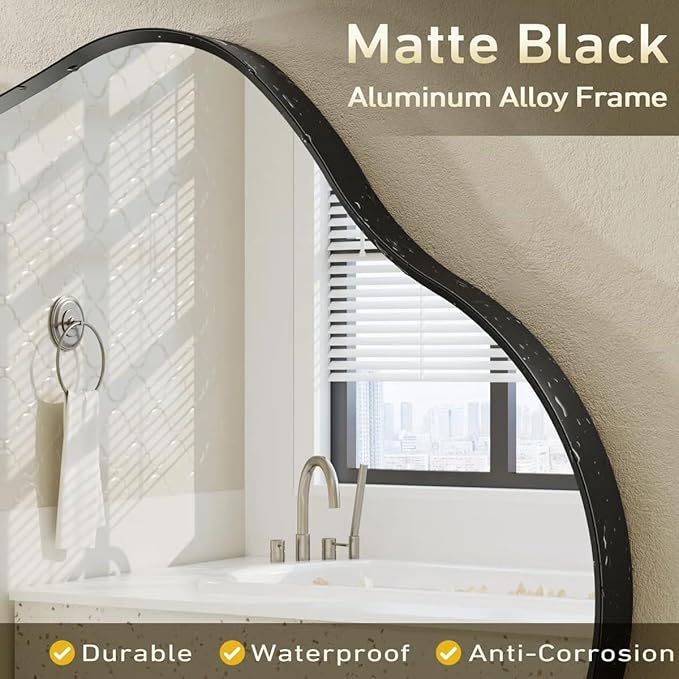 20x36 Matte Black Irregular Mirror, Black Bathroom Vanity Mirror for Bathroom Bedroom Living Room, Decor Wall Mirror, Shatterproof, Anti-Rust (Horizontally/Vertically)