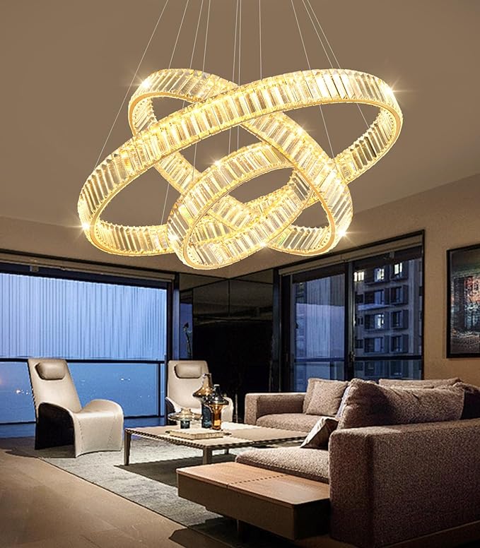 16‘’+24‘’+32'' Modern Ring Chandelier Crystal Chandeliers for Dining Room Round LED Dimmable Ceiling Light Fixture for Living Room Bedroom Lighting Gold